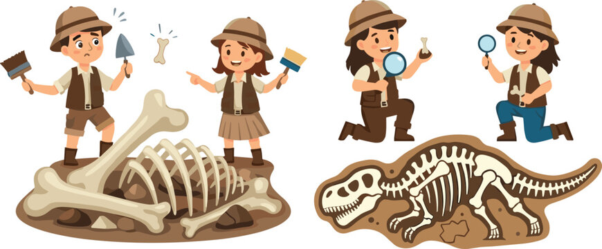 Cartoon kids excavating fossils, dinosaur skeleton discovery, paleontology exploration, archaeology teamwork, educational science illustration, prehistoric bones, vector art, - Powered by Adobe