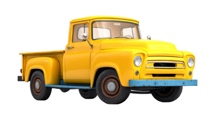 Classic american yellow pickup truck from the 1950s ready for transport and adventure isolated on transparent background