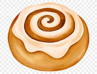 Watercolor cinnamon roll dessert illustration for Thanksgiving bakery and holiday food. Vector.