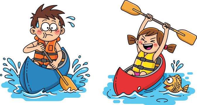 Cartoon kids kayaking, water adventure, outdoor activity, fun paddling, emotional contrast, summer sport, playful scene, fish jump, excitement, fear - Powered by Adobe
