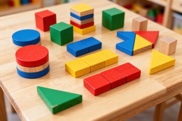 Obraz premium Colorful wooden shapes on a table for educational play.