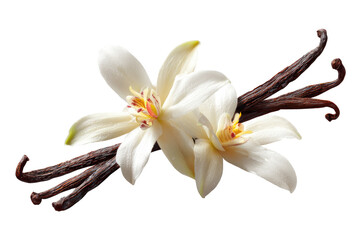 Two vanilla flowers with two vanilla beans