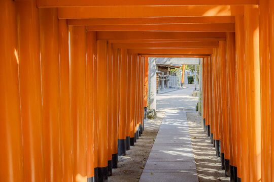 Orange torii gates located at the Kushida Shrine in Fukuoka, Japan. Photo taken on a sunny day