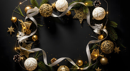 Top view elegant Christmas flat lay on matte black background, golden and white ornaments, silver ribbon, pine needles