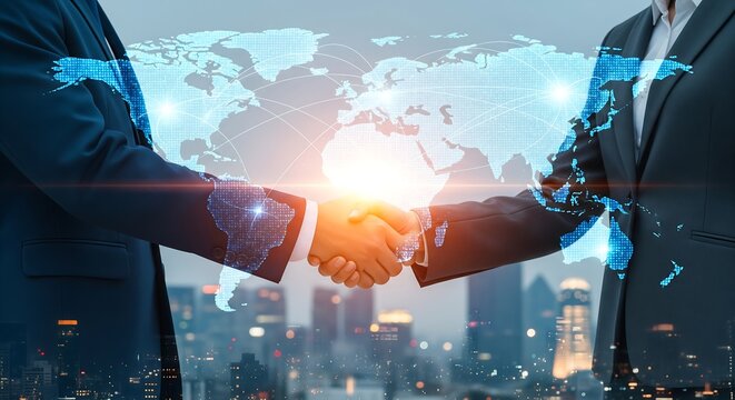Global business handshake, global partnership, connected world.