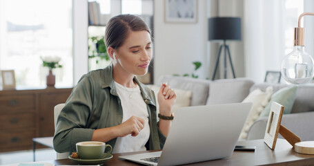 Dancing, laptop and businesswoman in home with remote work for finance report with budget. Computer, freelancer and female financial manager groove for approval for investment deal with earphones.
