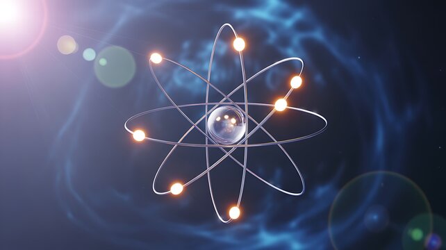 Atom model with electrons orbiting the nucleus in a scientific illustration