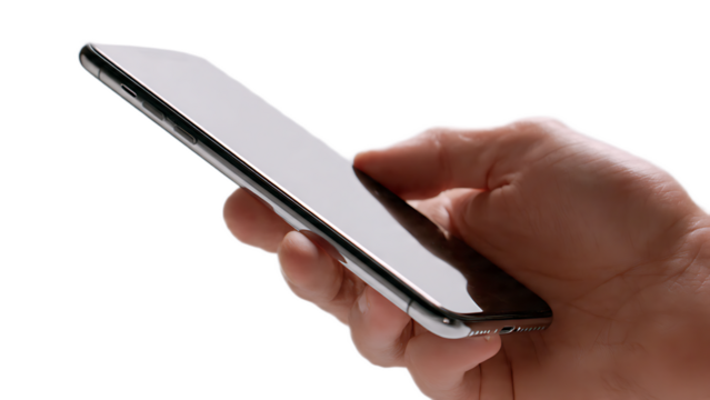 Close up of a hand holding a silver smartphone with a finger touching the screen in a bright setting