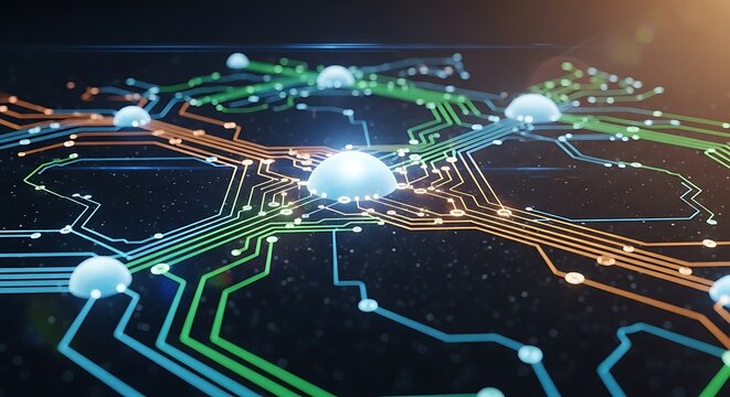 Futuristic Technology Network with Glowing Nodes and Circuit Paths.