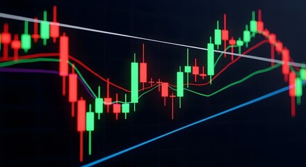Close up of a stock market trading chart with red and green candlesticks and trend lines on a dark background