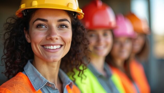 Group of smiling women builders wearing hard hats and safety vests. Portrait of diverse tradeswomen at construction site. Female construction workers team. Concept of diversity inclusion at work.