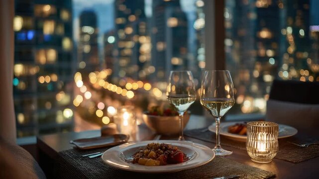 Romantic restaurant table setting with dinner, wine, and cityscape bokeh