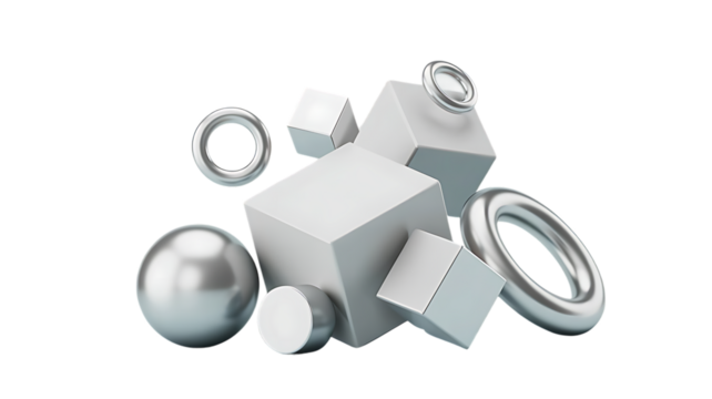 Abstract 3d rendered white and silver geometric shapes composition