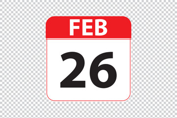 February 26 dates calendar icon.  simple and modern calendar icon on white background.