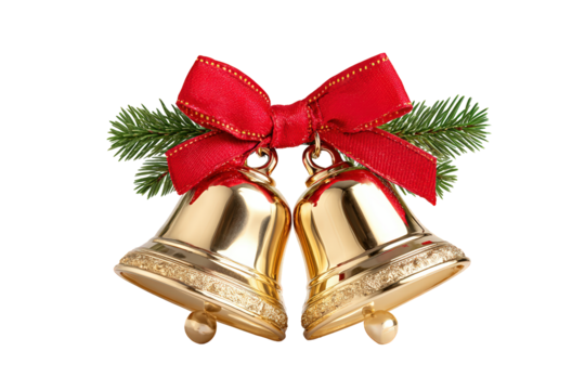 Elegant Golden Jingle Bells with Red Ribbon and Pine Twig Decoration. Ai Generated Images