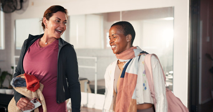 Smile, women and friends talk for pilates with fitness feedback, training tips and progress. Mature people, discussion and preparation for exercise, explain technique and advice with wellness session