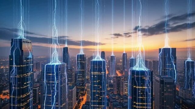 Dynamic cityscape with glowing energy lines connecting skyscrapers, representing modern technology, innovation, and digital transformation at sunset