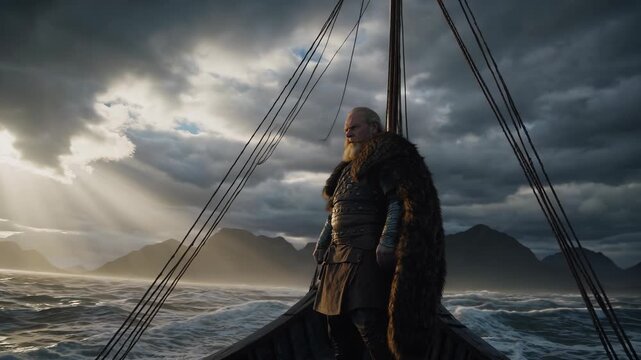 Standing on longship prow with viking captain. Bearded sailor is standing and facing sea and storm. Dramatic voyage and adventure mood. Image evokes travel and exploration. Sunbeams break clouds.