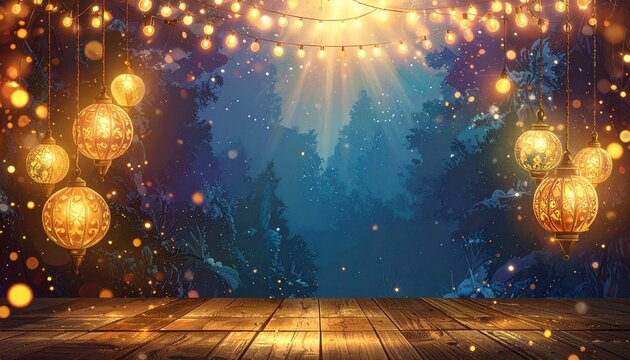 Decorative lanterns glow softly in a serene forest setting at twilight, creating a magical atmosphere