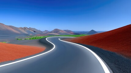 Curving Asphalt Road Through Volcanic Landscape Under a Clear Blue Sky with Red and Grey Rocks and Green Vegetation