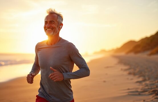 Smiling senior man jogs on beach at sunrise enjoying music with earbuds. Active elder male keeps fit with outdoor cardio exercise near ocean waves.