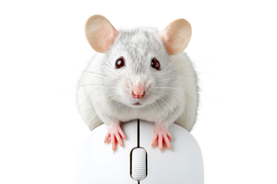 Studio Shot Cute White Mouse Sitting On Computer Mouse Device. Ai Generated Images