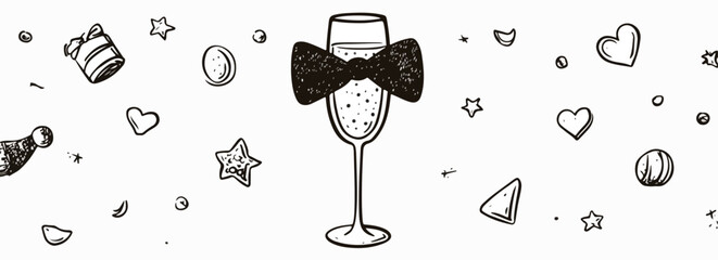 A stylish hand-drawn vector illustration capturing the essence of celebration with a champagne glass, bow tie, and scattered festive elements.