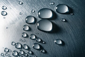 Spherical water droplets accumulating on a detailed, cool-toned brushed metallic surface under dramatic lighting.