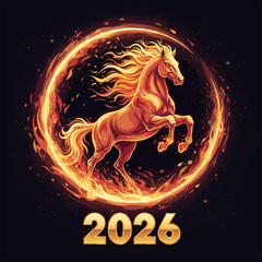 Fiery golden horse rearing powerfully in a ring of fire representing the Year 2026 against a starry night background [with copy space]