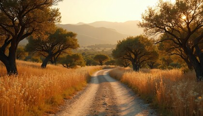 Scenic pathway winds through field, grass, trees during sunset. Warm light creates tranquil nature scenery. Mountains seen on horizon. Perfect location for travel destination ecotourism. Great day