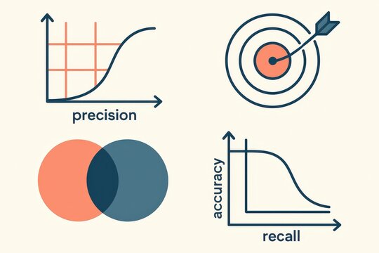 Illustrative concepts of precision and accuracy depicting the relationship between recall precision and data visualization represented through graphs and overlapping circles emphasizing