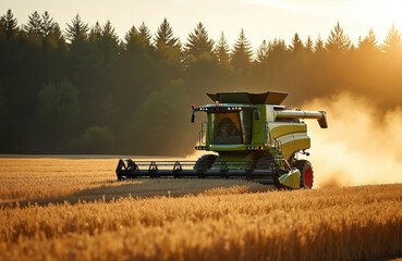 Fototapeta premium Combine harvests ripe wheat on golden field in sunset. Agricultural machinery works in countryside. Harvesting campaign scene against forest. Grain collection. Heavy machinery at work.