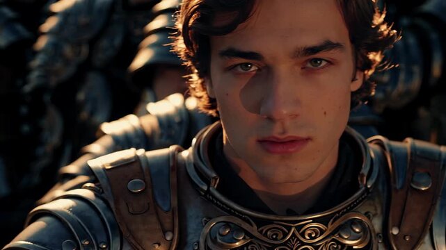 Man knight armor portrait closeup young. Stoic warrior stares forward. Medieval hero presence conveys nobility and determination. Royal closeup highlights armor detail and ornate breastplate. Mood.