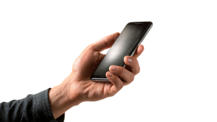 A hand holding a black smartphone against a dark background in a studio setting close up view