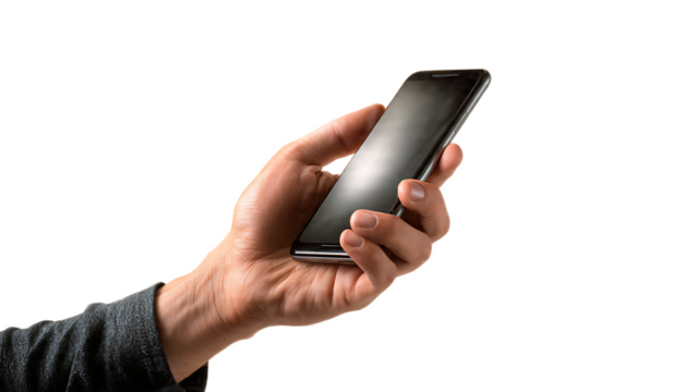 A hand holding a black smartphone against a dark background in a studio setting close up view
