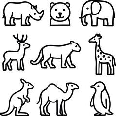Fototapeta premium Wild Animal Icons: A collection of simple, yet charming, line art icons of various wild animals. These clean and playful illustrations are perfect for adding a touch of nature and simplicity.