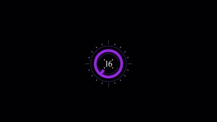 Futuristic circular countdown timer animation with glowing purple neon light and number 16 displayed at the center on a dark background Perfect for user interface elements loading screens - Powered by Adobe