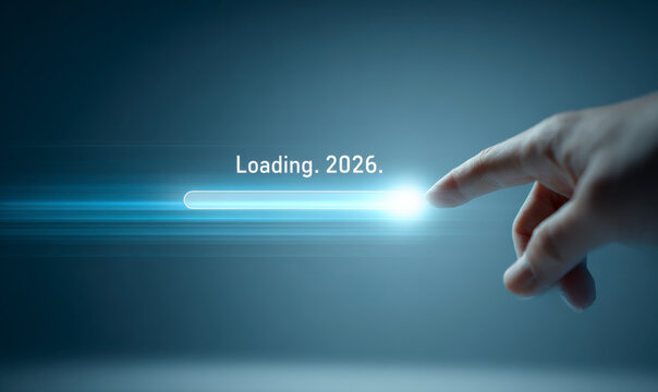 A loading bar progresses toward 2026, as a finger taps on a blue screen.
