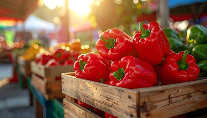 A vibrant farmers market stall showcases crates overflowing with colorful bell peppers in various hues. The warm sunlight bathes the produce
