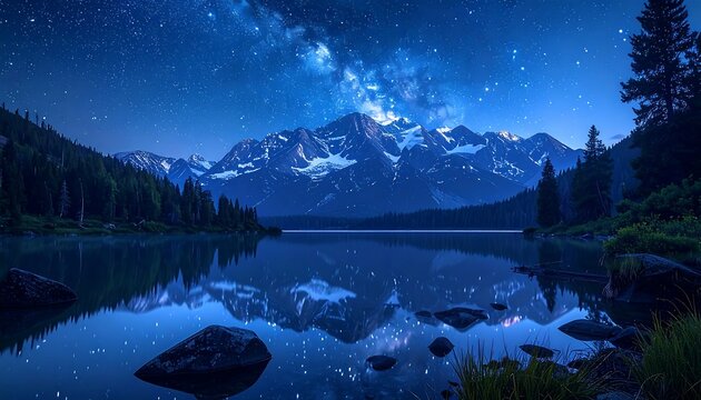 A serene landscape at night showcases a mountain range reflecting in a calm lake under a starry sky. Forest surrounds the lake