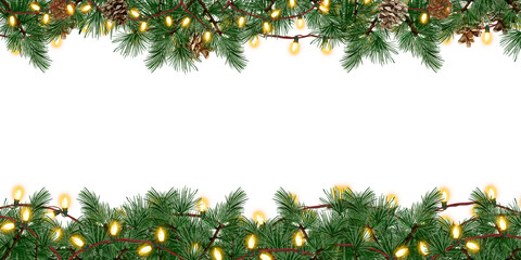 christmas border Christmas frame with decorative fir branches and garland of Christmas lights. Hand drawn illustration on transparent background.