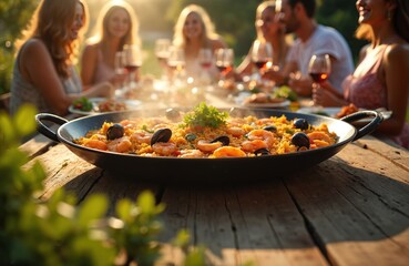 Group of people enjoy traditional Spanish paella outdoors. Friends and family gather around table for festive meal. Paella dish with seafood, rice, and vegetables sits on wooden table.