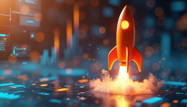 Rocket launches from futuristic digital background. Symbol of tech startup project takeoff, successful business launch. Innovation growth, new product development concept. Powerful visualization for