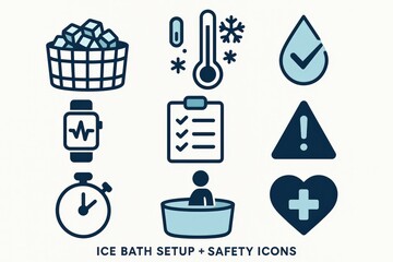 Essential guide to ice bath setup featuring icons for temperature monitoring, hydration, health tracking, and safety highlighting critical elements for recovery and wellness practices