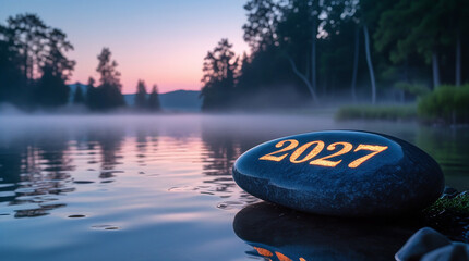 Glow of 2027 on serene misty lake at sunrise with forest trees