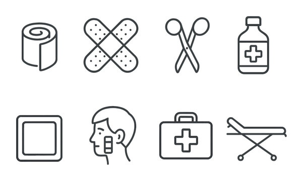 Medical icons set featuring first aid supplies and emergency equipment