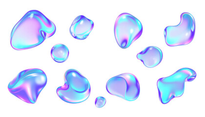 3d glass holographic y2k abstract shape set - heart, flame, stars, cherry, lightning, crown, chain, arrow, polygon, spiral line, sphere with neon gradient isolated on black background 