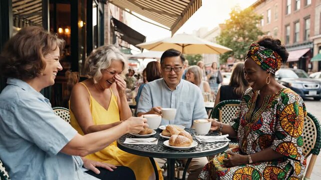 Diverse Group of Friends Enjoying Coffee and Conversation at an Outdoor Cafe.