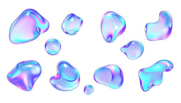 3d glass holographic y2k abstract shape set - heart, flame, stars, cherry, lightning, crown, chain, arrow, polygon, spiral line, sphere with neon gradient isolated on black background 