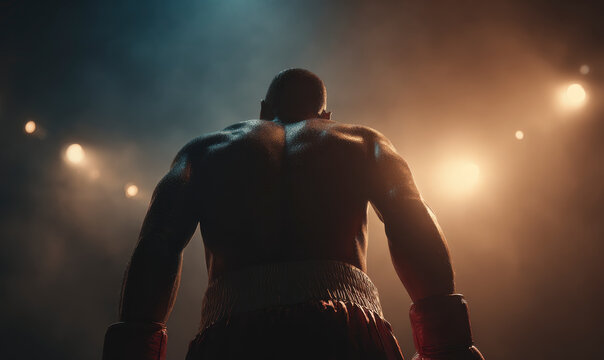 From behind, a boxer prepares, spotlight illuminating his muscular back.